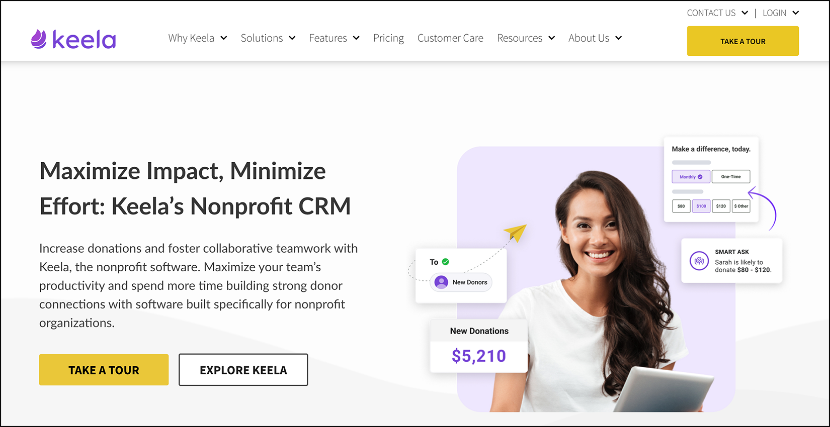 A web page describing the nonprofit CRM, Keela, discussed in the text below