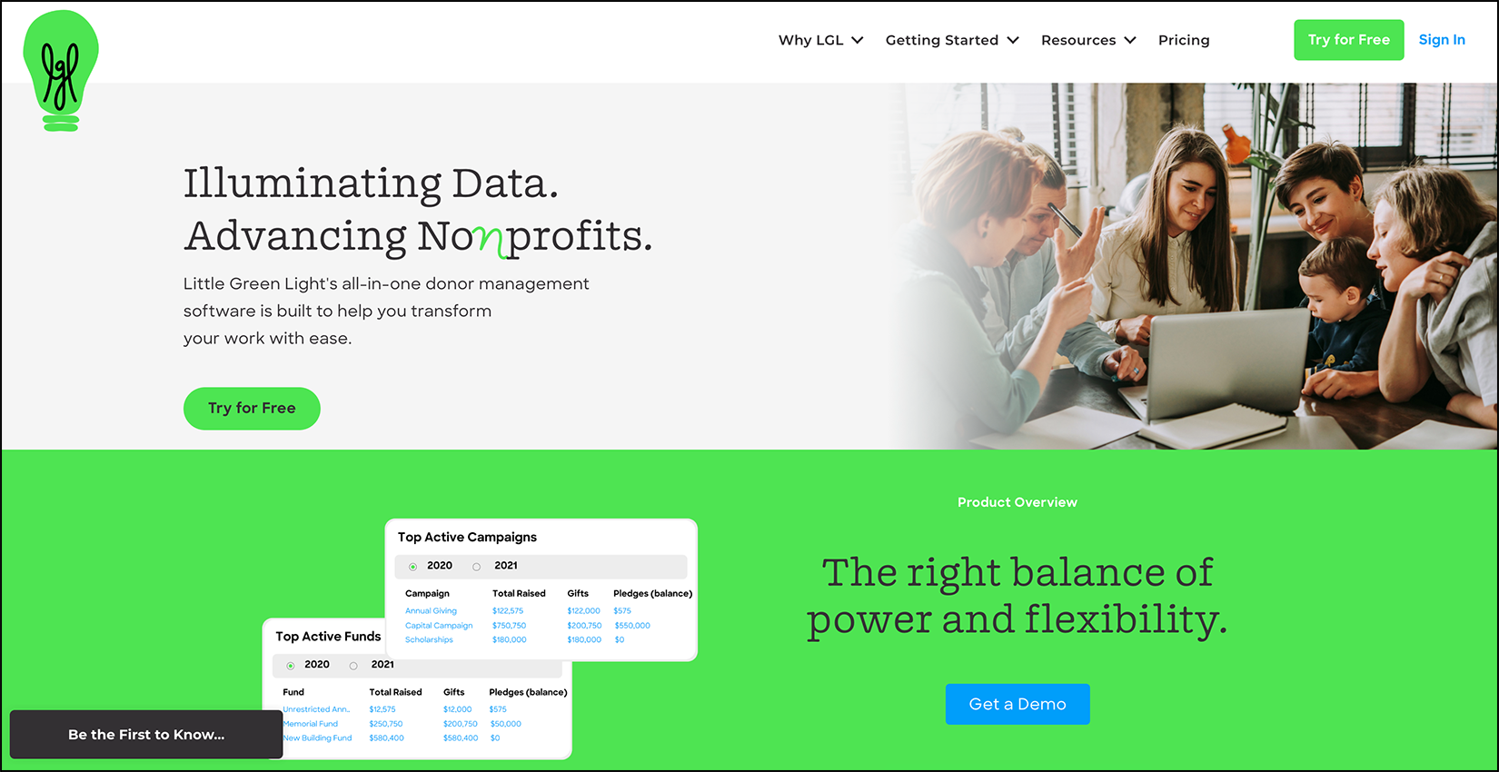 A web page promoting the nonprofit CRM Little Green Light