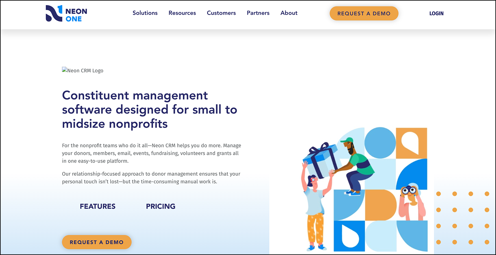 A screenshot of a page showing Neon CRM, a nonprofit CRM option for smaller organizations