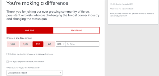 This is a screenshot of Breast Cancer Action’s online donation form, which is a user-friendly, well-designed aspect of their nonprofit website.