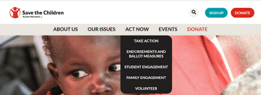 This screenshot shows the “Act Now” tab on the Save the Children Action Network’s nonprofit website, which provides five different ways to take action.