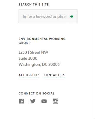 This screenshot is of the contact information in the footer of the Environmental Working Group’s nonprofit website, linking the site to their email and social media.