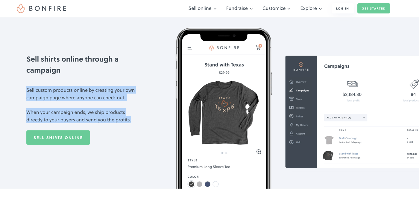 This is an example of Bonfire’s online fundraising tool in action. The image includes a nonprofit t-shirt sale on a phone screen.