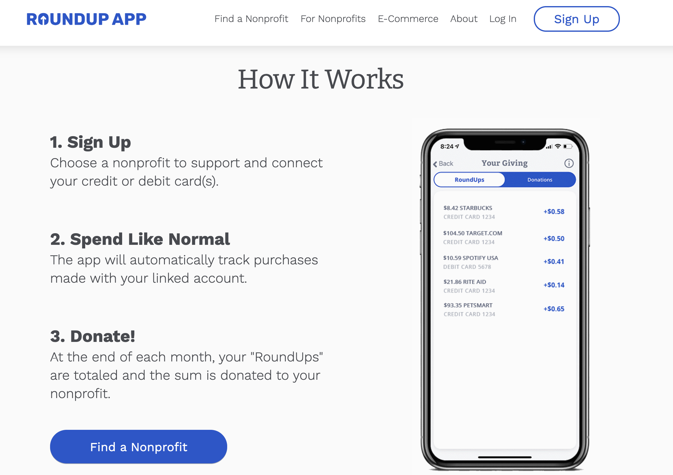 This is an infographic explaining how RoundUp’s online fundraising tool works: donors sign up, spend like normal, and donate.