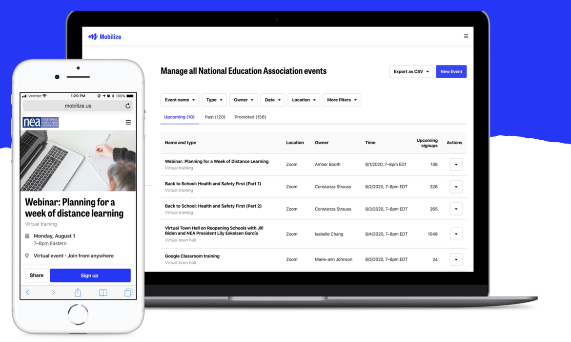 This screenshot shows Mobilize’s online fundraising tool, an event management dashboard and a webinar invitation.