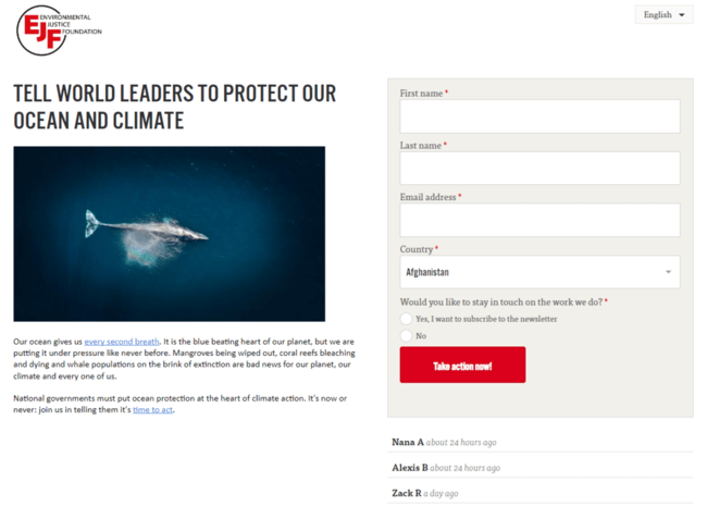 This screenshot demonstrates the Environmental Justice Foundation’s petition strategy, which includes a strong call to action.