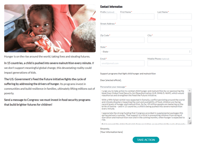 This screenshot shows Save the Children Action Network’s petition strategy of having supporters contact policymakers directly.