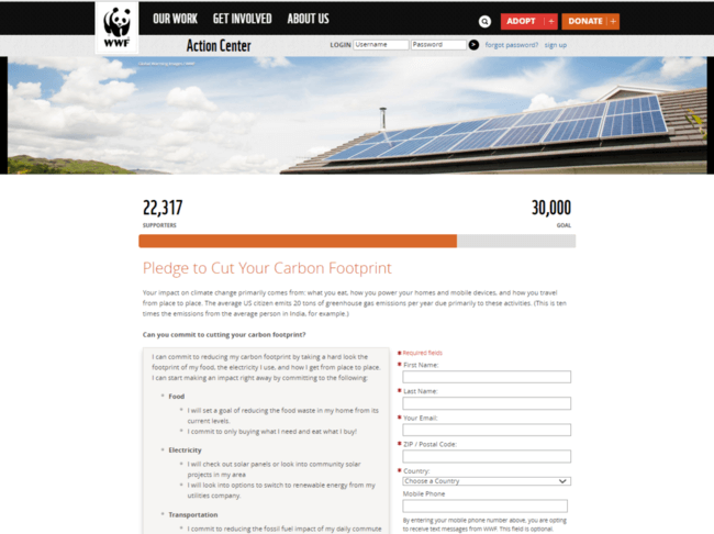 This screenshot shows how the World Wildlife Fund incorporates supporter commitments into their online petition strategy.