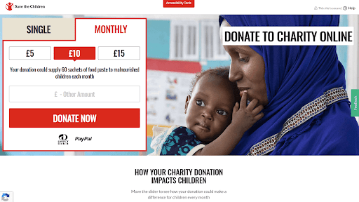 Screenshot of Save the Children’s donation page, showing one of the donor acquisition strategies this article discusses.