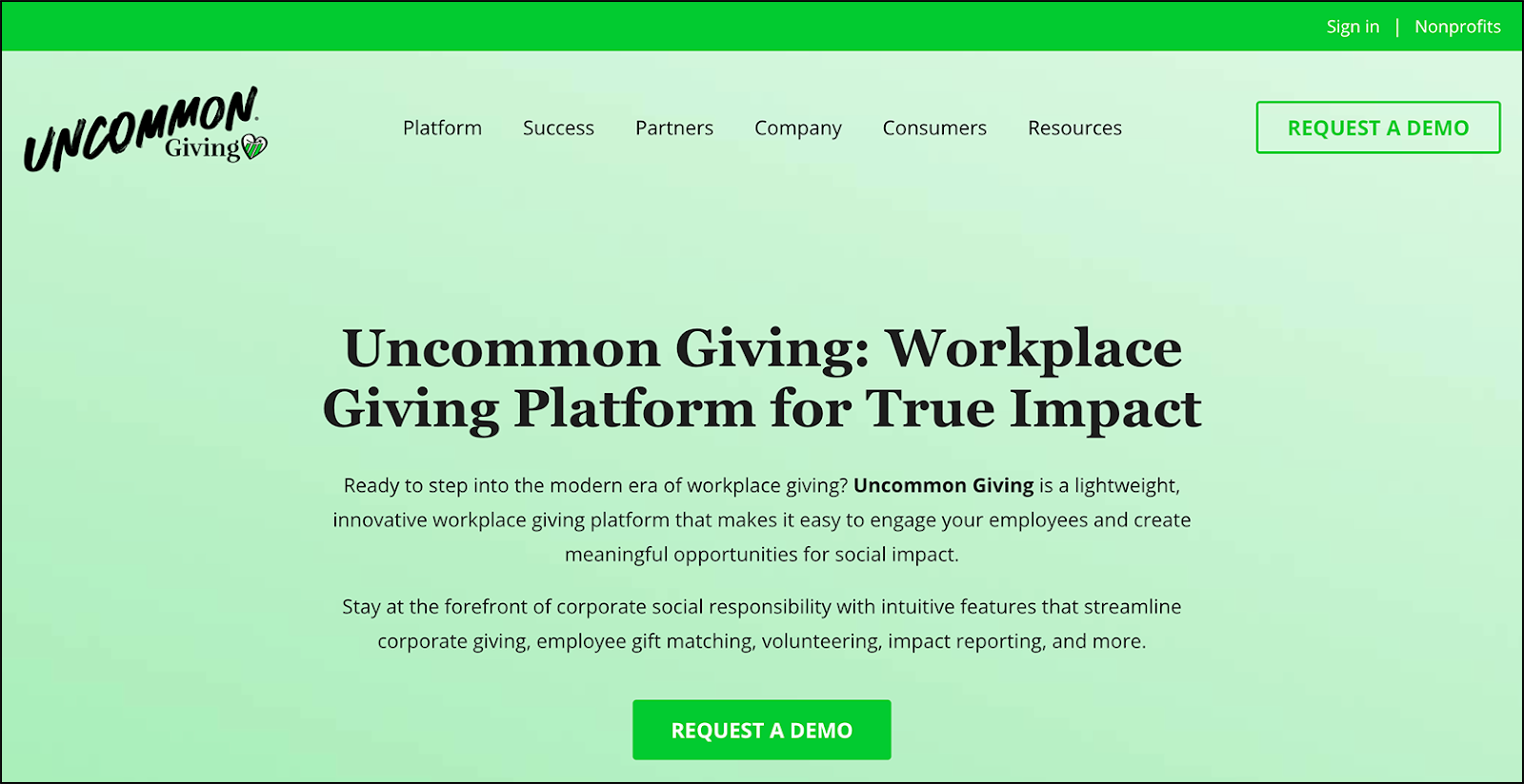 Web page showing information about the Uncommon Giving platform