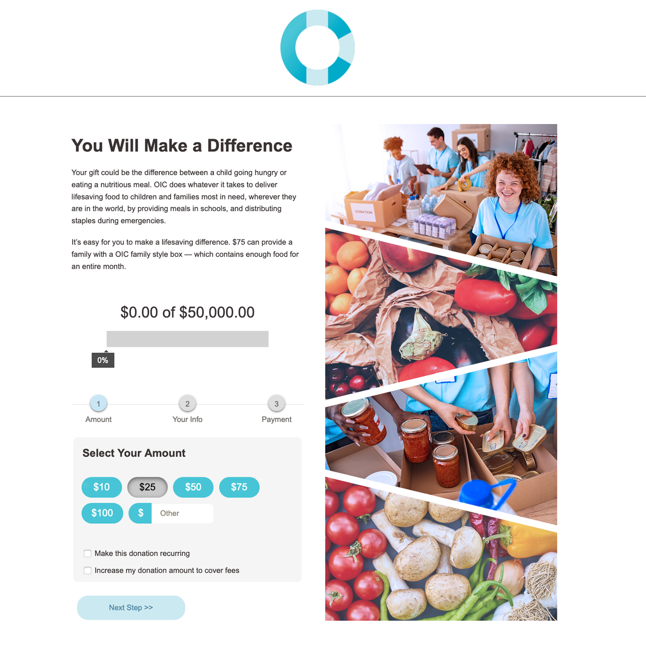 The OIC virtual fundraising donation form is featured, showing their use of a fundraising thermometer, suggested giving amounts, and a checkbox to make donations recurring.