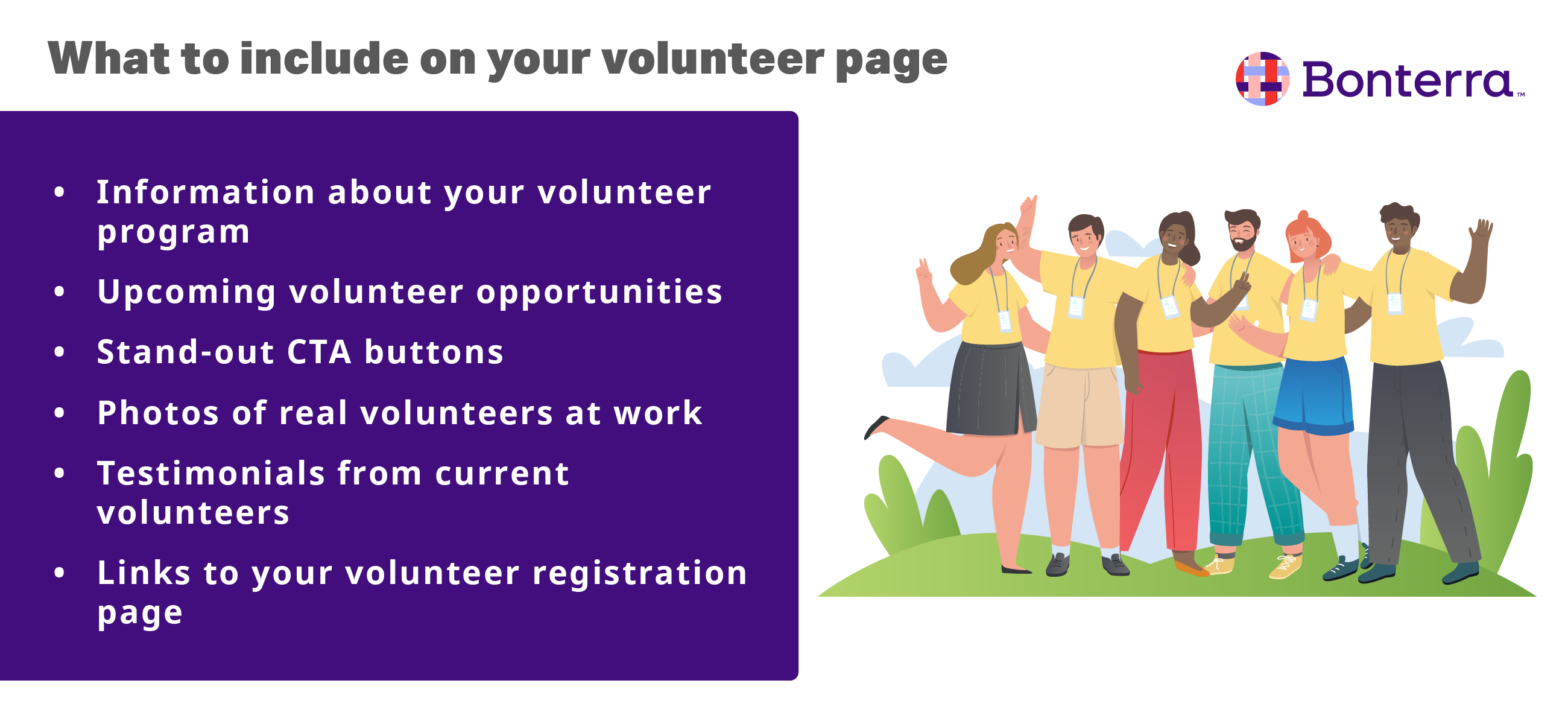 A list of elements to include on a volunteer recruitment page, also listed in the text below