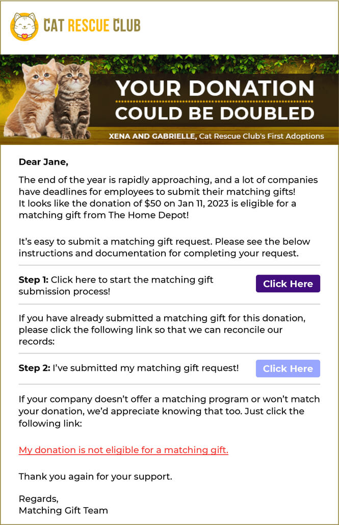 An example of a year-end matching gift follow-up email from the Cat Rescue Club, asking a donor to submit a matching gift request.