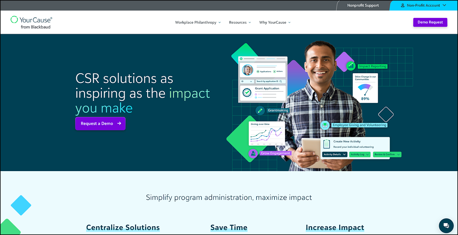 YourCause homepage promoting its corporate giving software solution