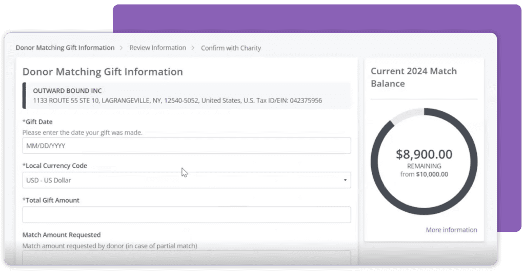 Example matching gift request form within Bonterra Strategic Philanthropy