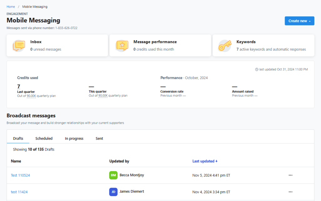 Mobile Messaging dashboard within Bonterra Fundraising and Engagement, showing text to donate metrics