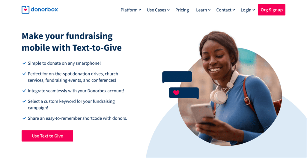 Screenshot of a product page for Donorbox, one of the top text to donate platforms