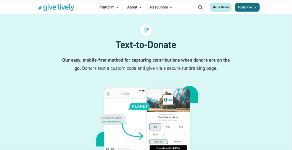 Web page advertising Give Lively’s text to donate feature