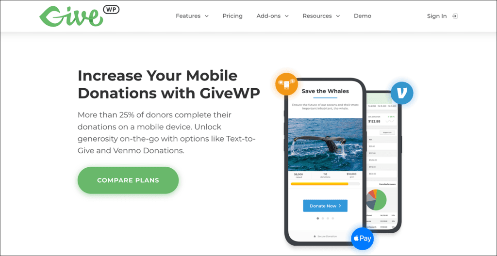 GiveWP landing page showing a mockup of its text to donate features