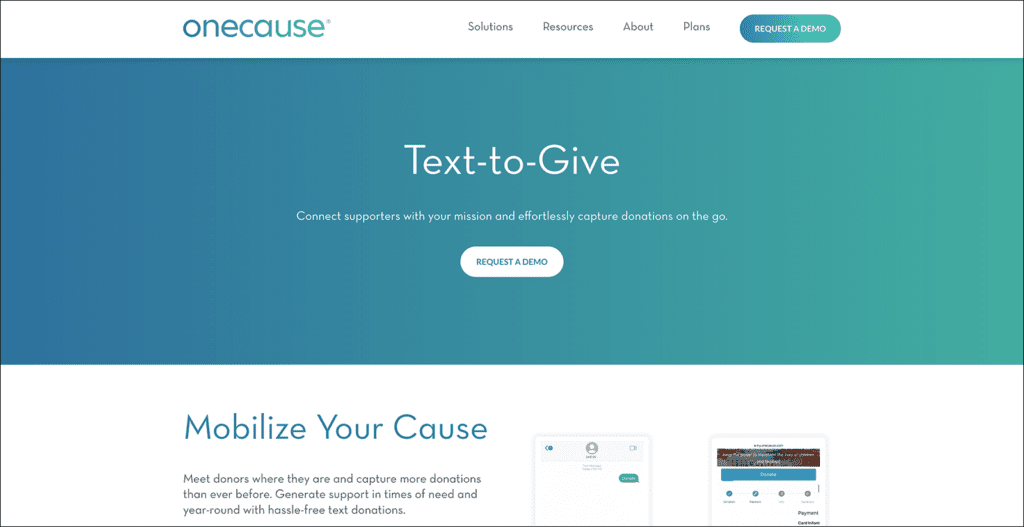 Landing page showing OneCause’s text to donate platform features