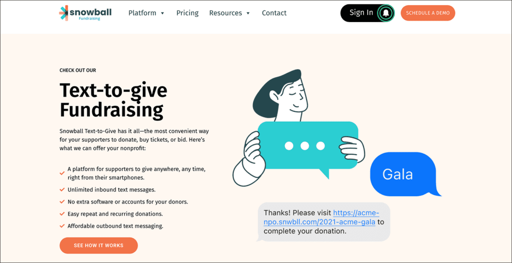 Landing page for Snowball’s text-to-give fundraising solution