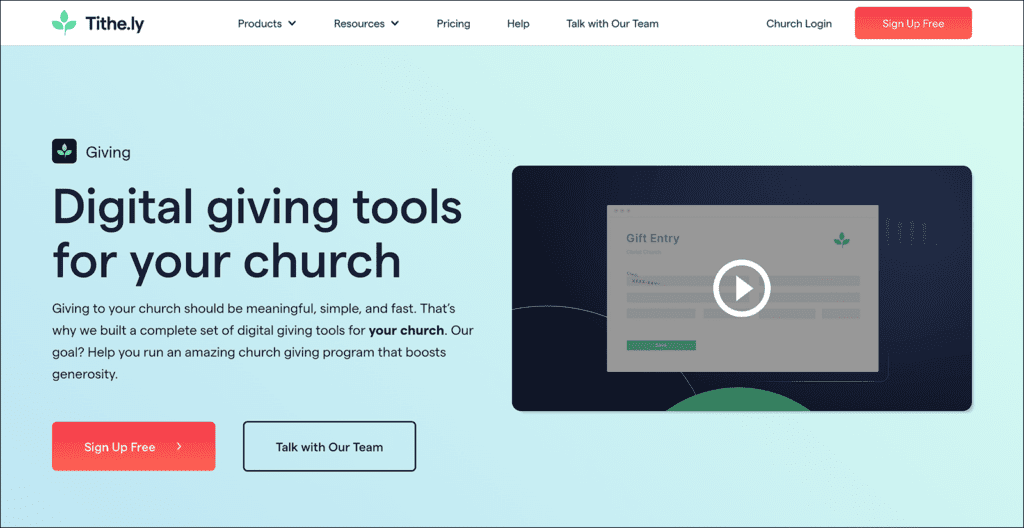 Web page with the text “Digital giving tools for your church”