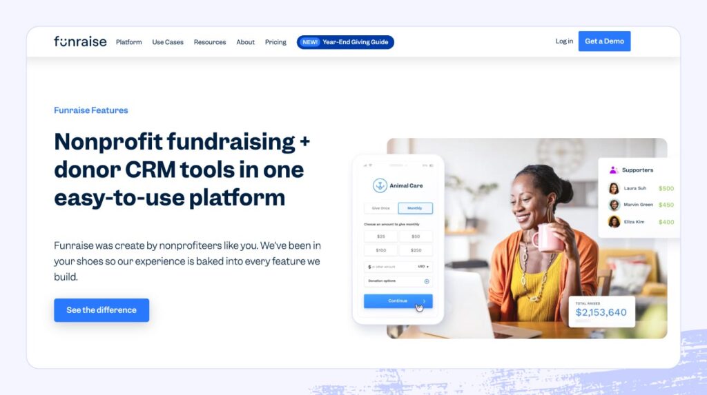 Screenshot of Funraise nonprofit platform website.