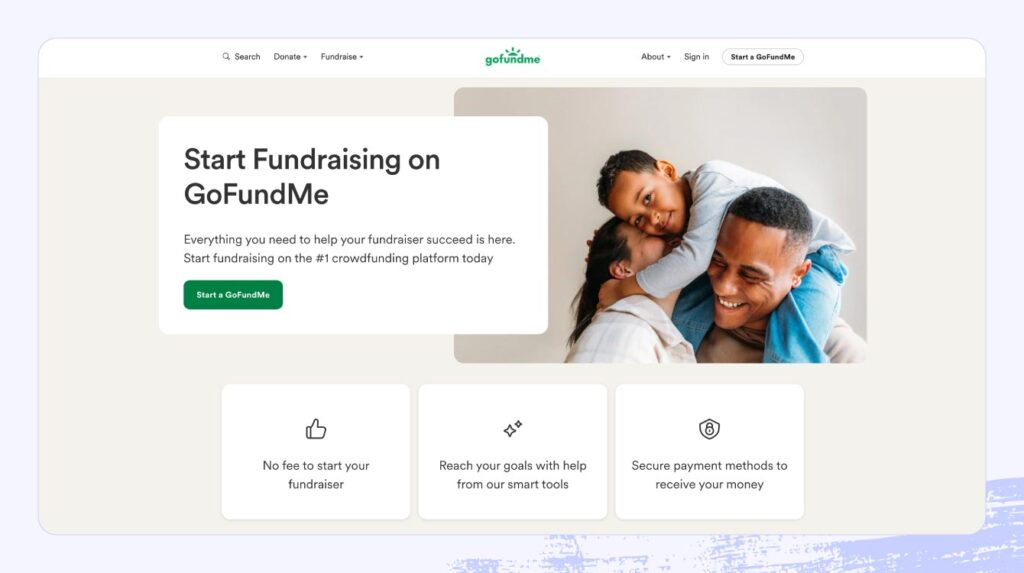 Screenshot of the GoFundMe homepage.