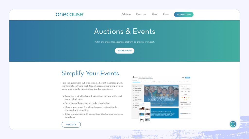 Screenshot of OneCause fundraising tool website.