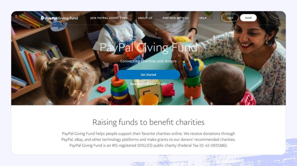 Screenshot of the PayPal Giving Fund website.