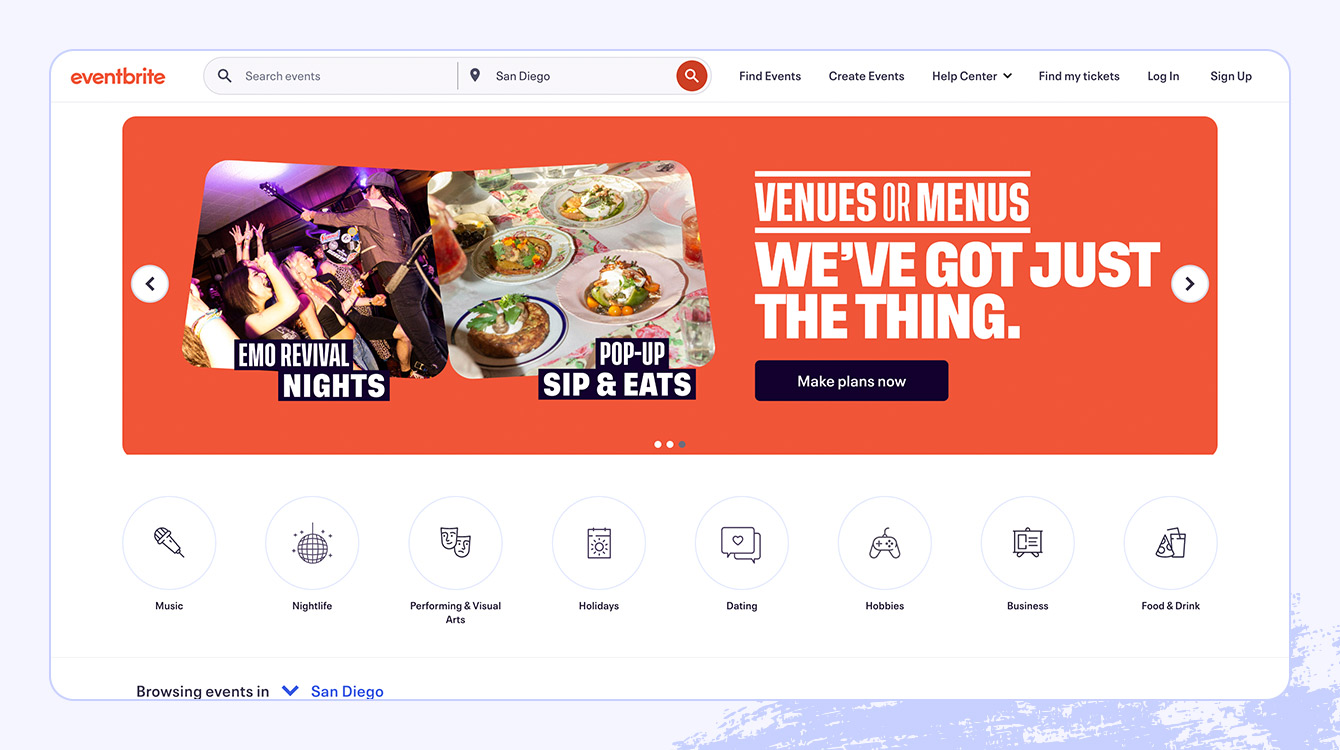 Screenshot of the Eventbrite website. 