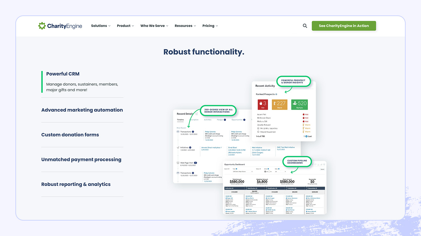 A screenshot of CharityEngine’s CRM platform.