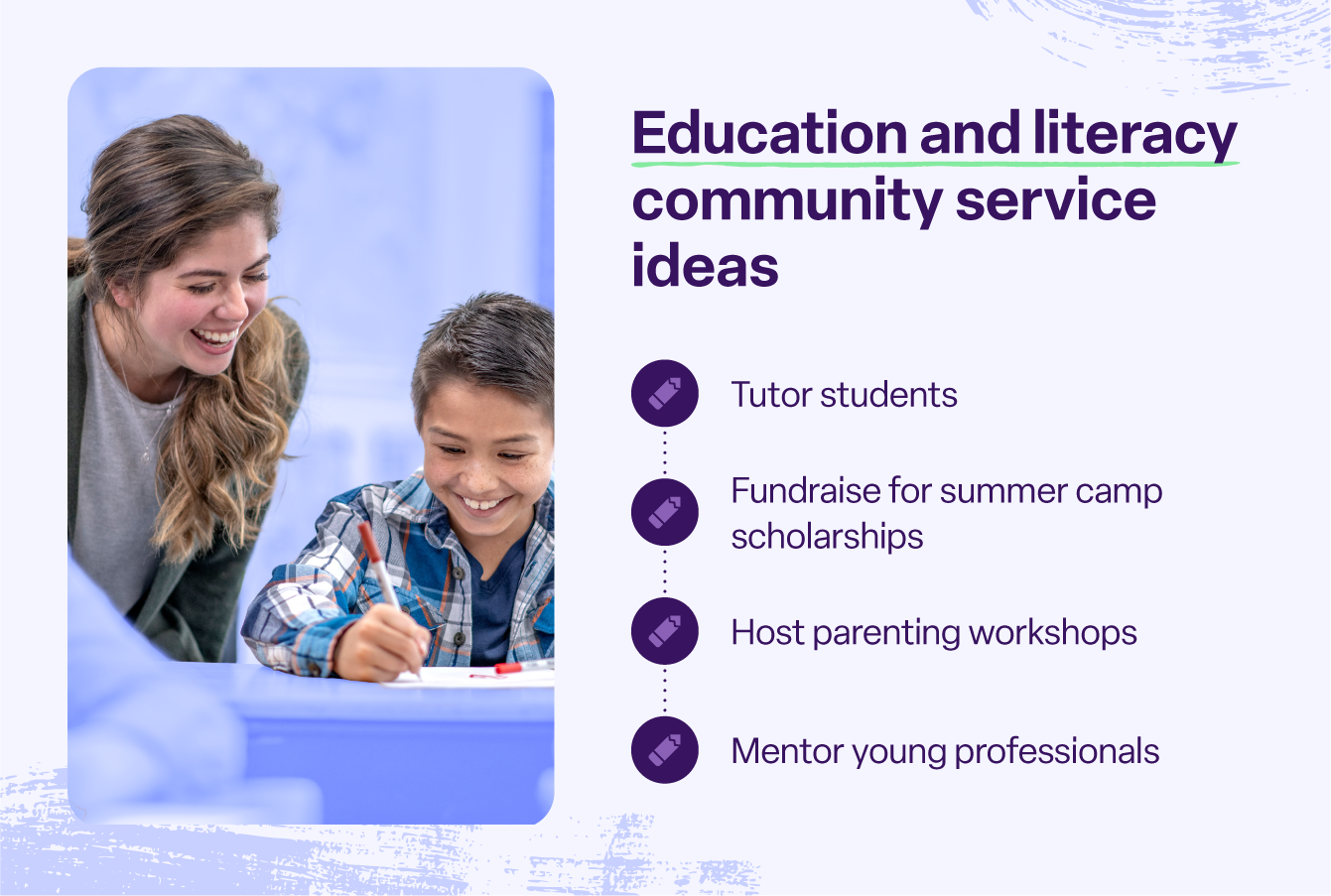 List of education and literacy community service ideas alongside a photo of a volunteer tutor.