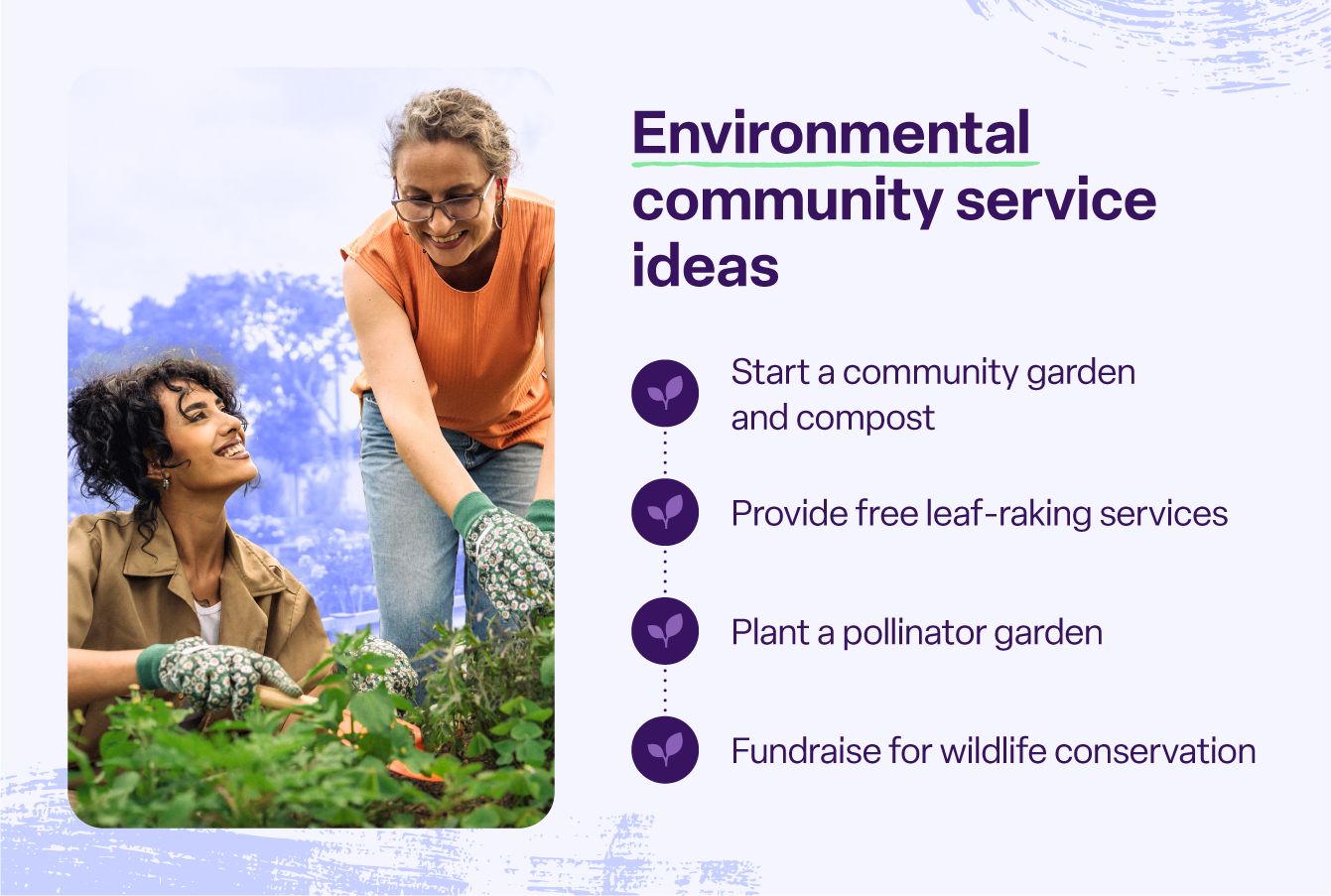 List of environmental community service ideas with a photo of two coworkers gardening.