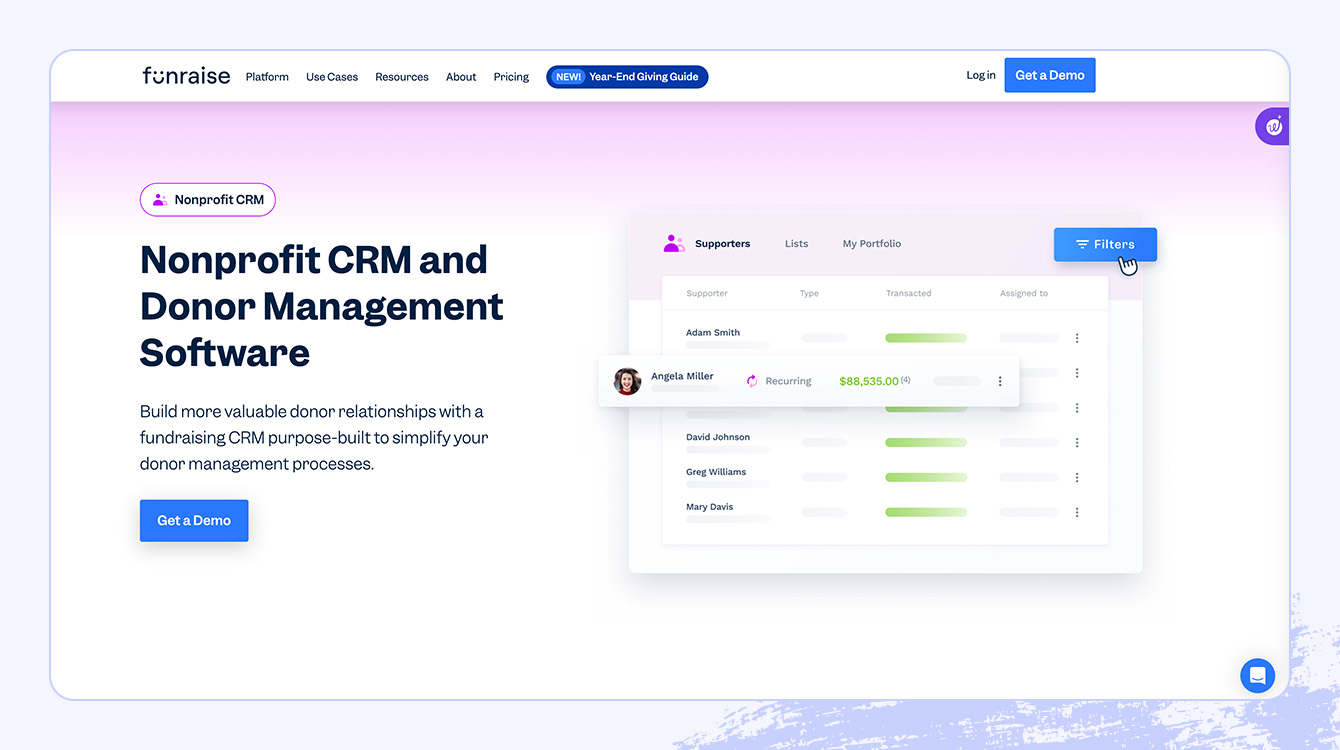 A screenshot of Funraise’s CRM platform.