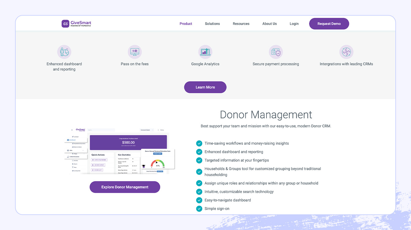 A screenshot of GiveSmart’s CRM platform.