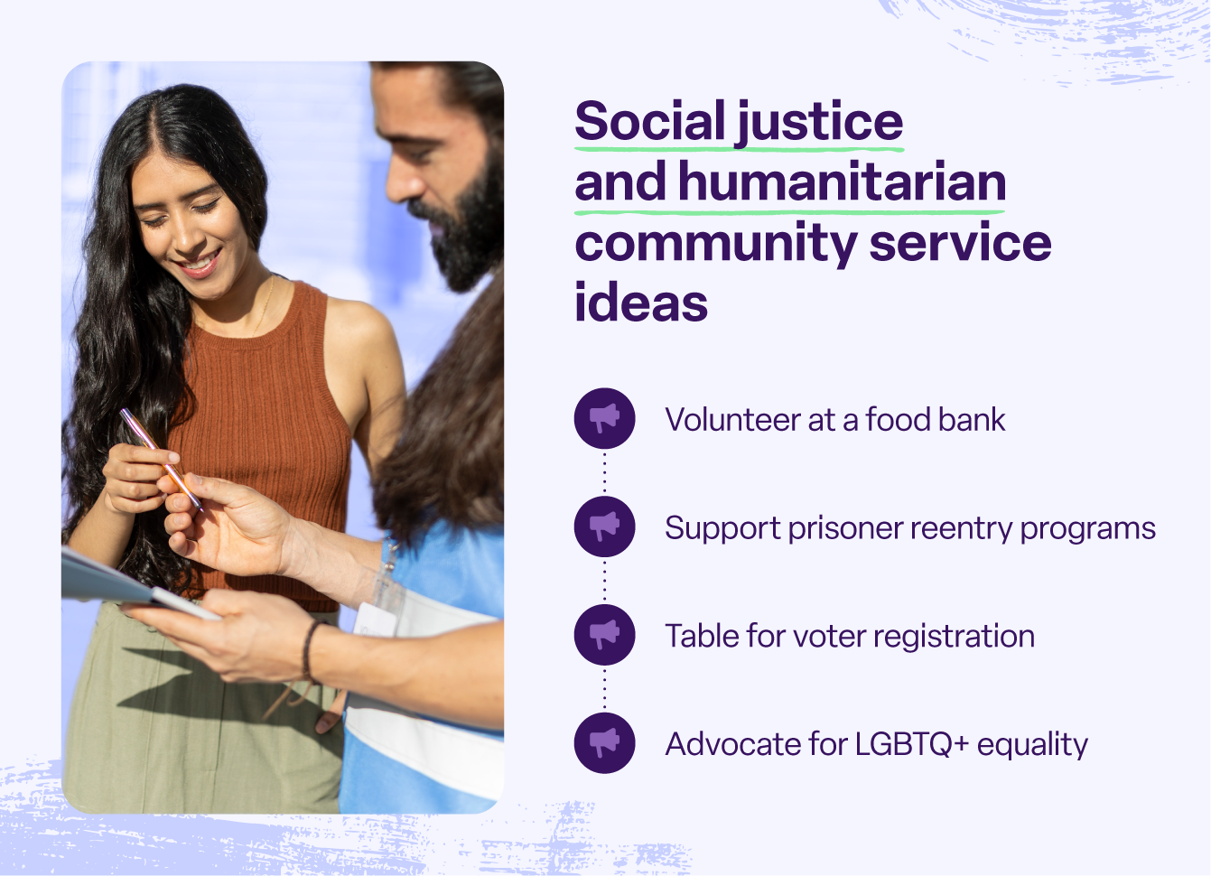 List of social justice and humanitarian community service ideas alongside a photo of volunteers signing a petition.