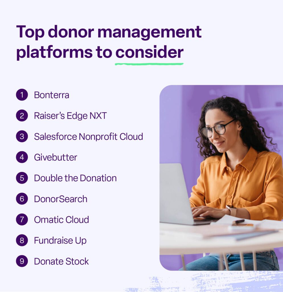 The top 9 donor management platforms, featuring Bonterra as the #1 donor management software.