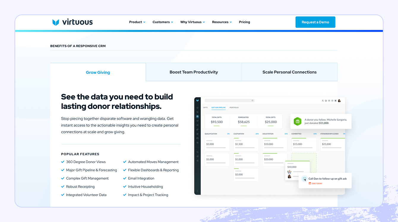 A screenshot of Virtuous’s CRM platform.