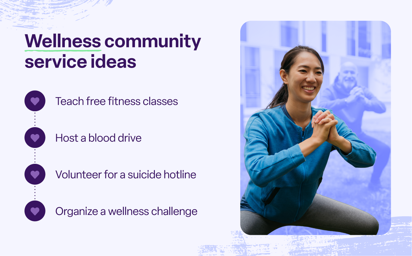 List of wellness community service ideas alongside a photo of a yoga instructor.