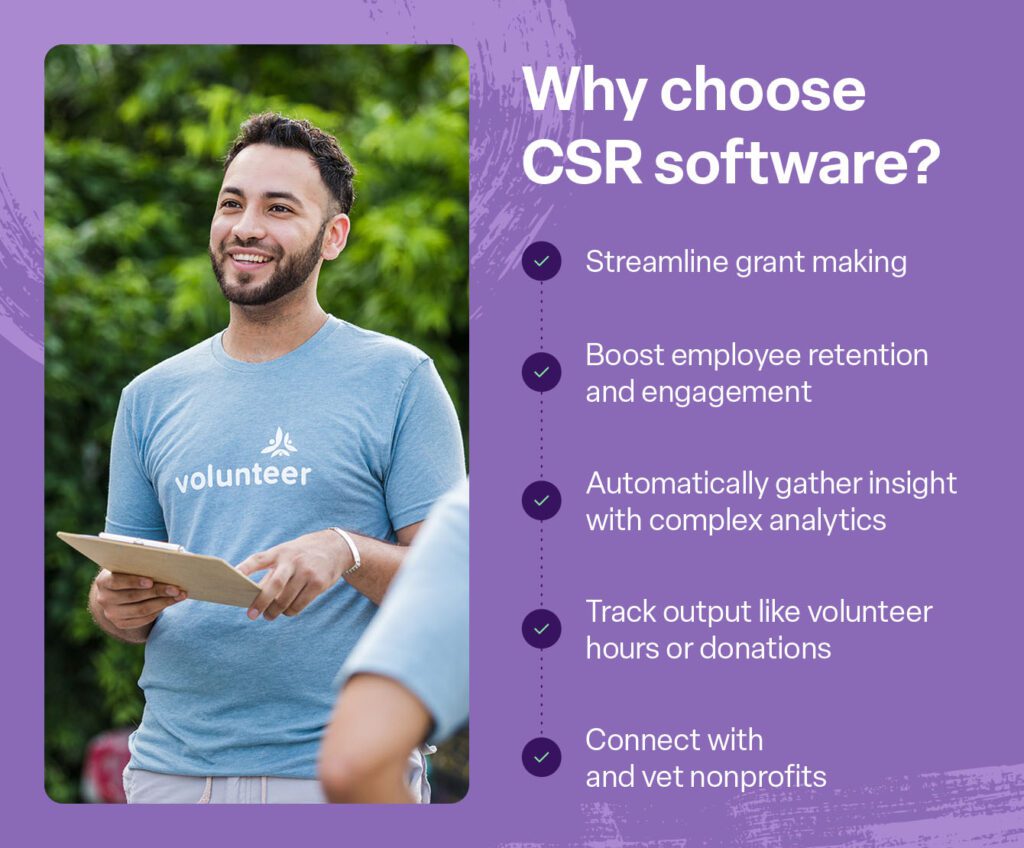 List of reasons to use CSR software alongside a photo of a volunteer registering others for a fundraiser.