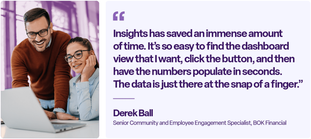 "Insights has saved an immense amount of time. It's so easy to find the dashboard view that I want, click the button, and then have the numbers populate in seconds. The data is just there at the snap of a finger." - Derek Ball, Senior Community and Employee Engagement Specialist, BOK Financial