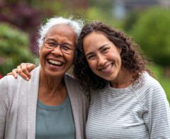 An elderly mother and her grown daughter embrace and smile at the camera