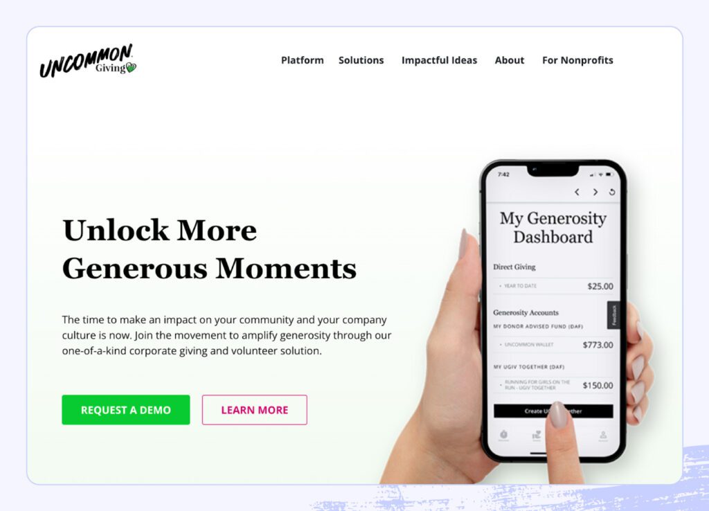 A screenshot of Uncommon Giving’s corporate social responsibility platform.